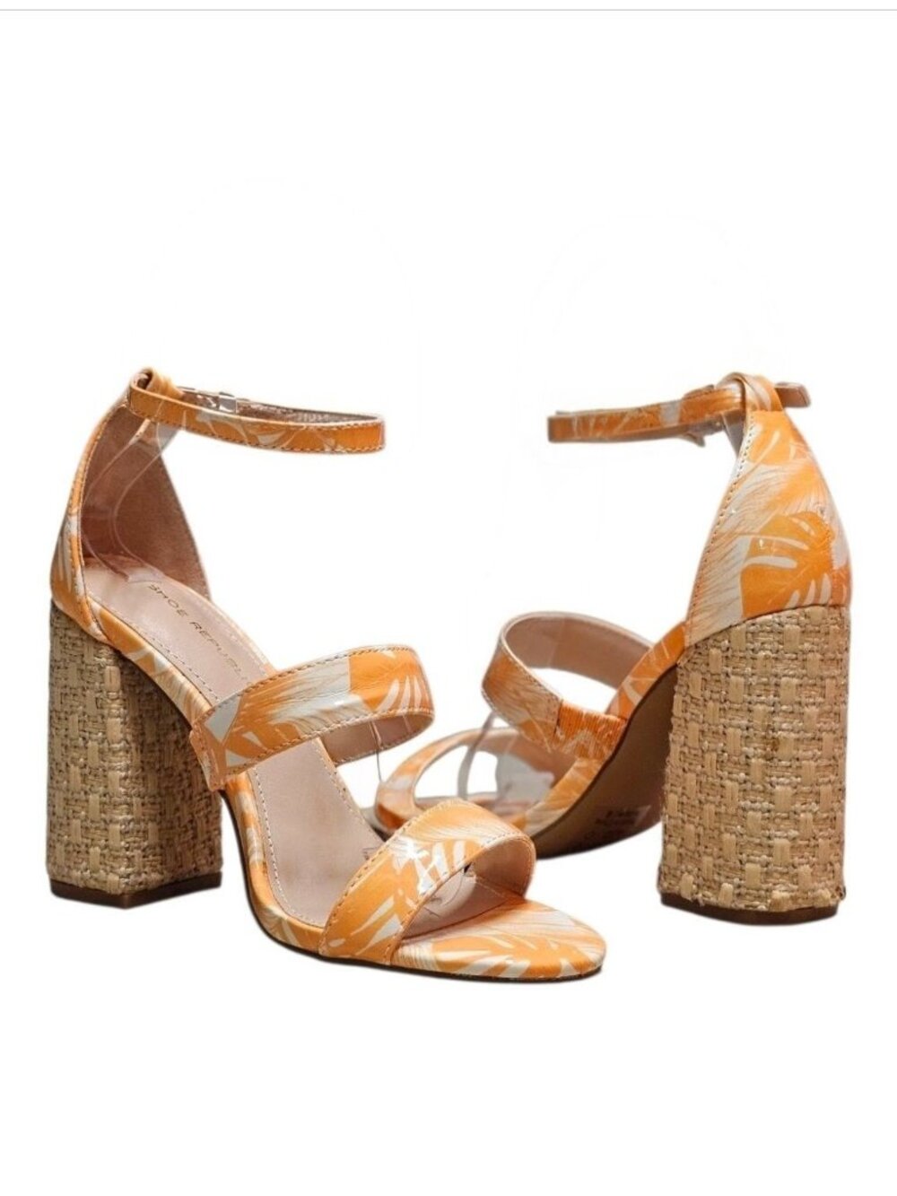 Orange Palm-Print Block Heel Sandals With Cork Texture & Adjustable Ankle Strap